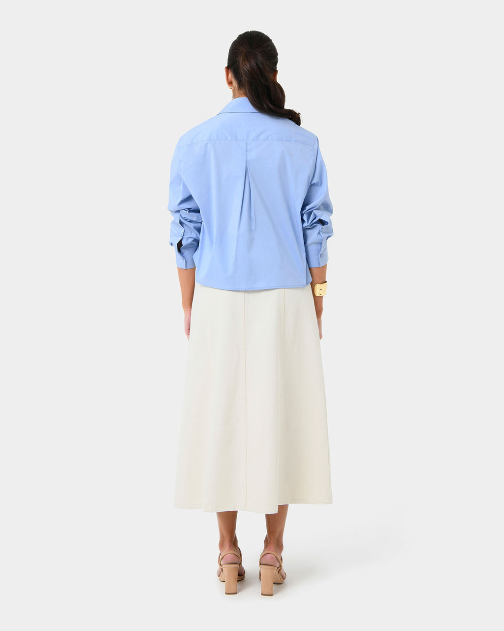 Baire Pleated Crop Shirt in blue — back view