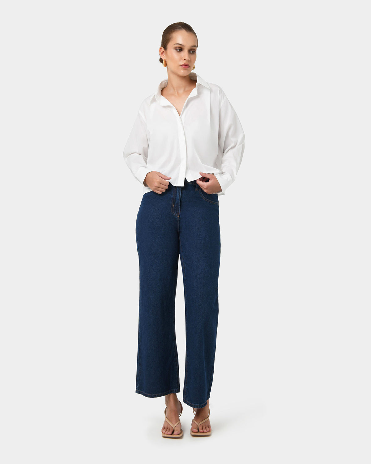 Baire Pleated Crop Shirt in white — full-length view