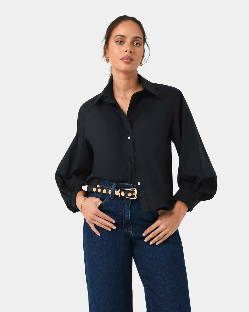 Lica Puff Sleeve Shirt in black — close-up view 2