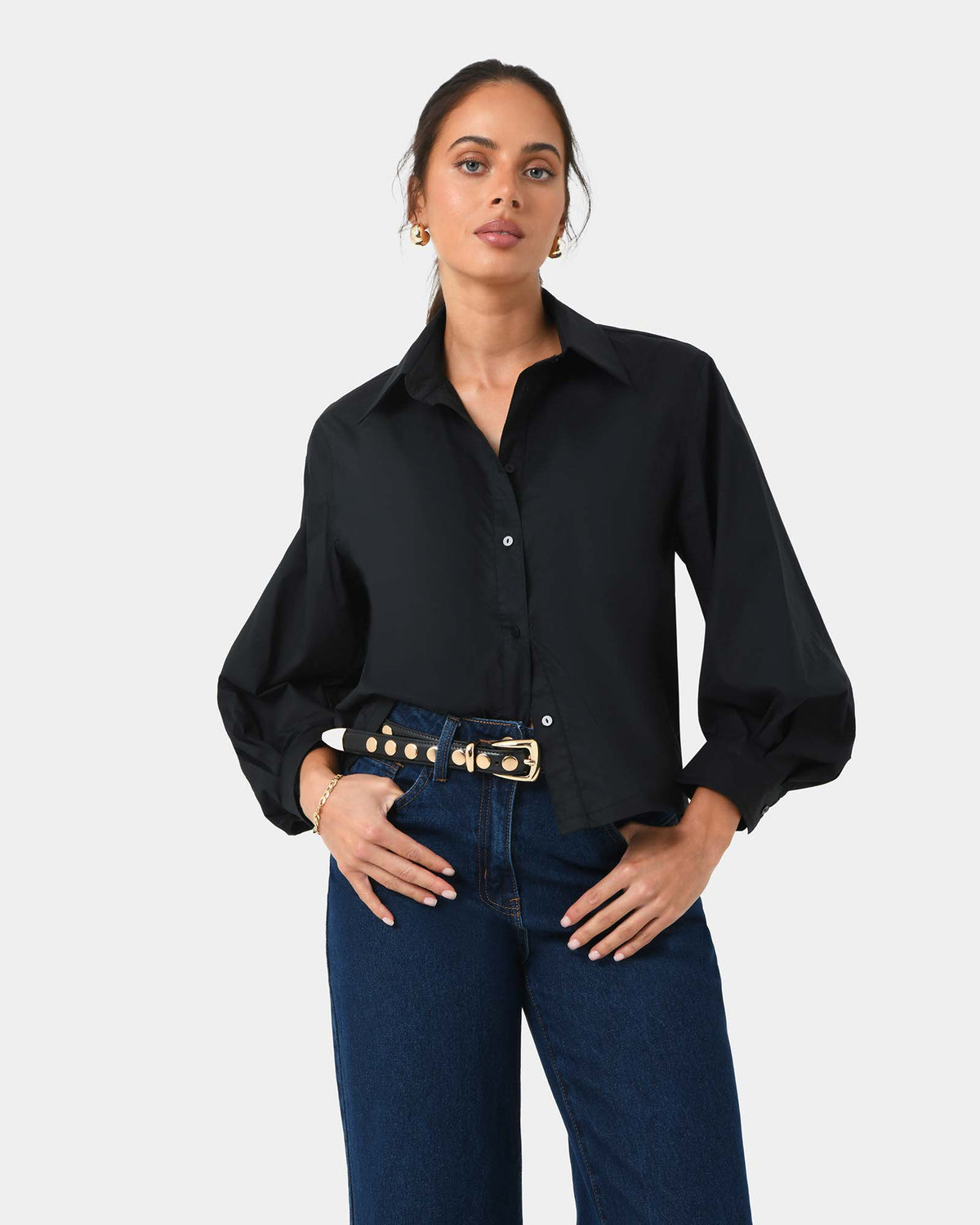 Lica Puff Sleeve Shirt in black — close-up view 2