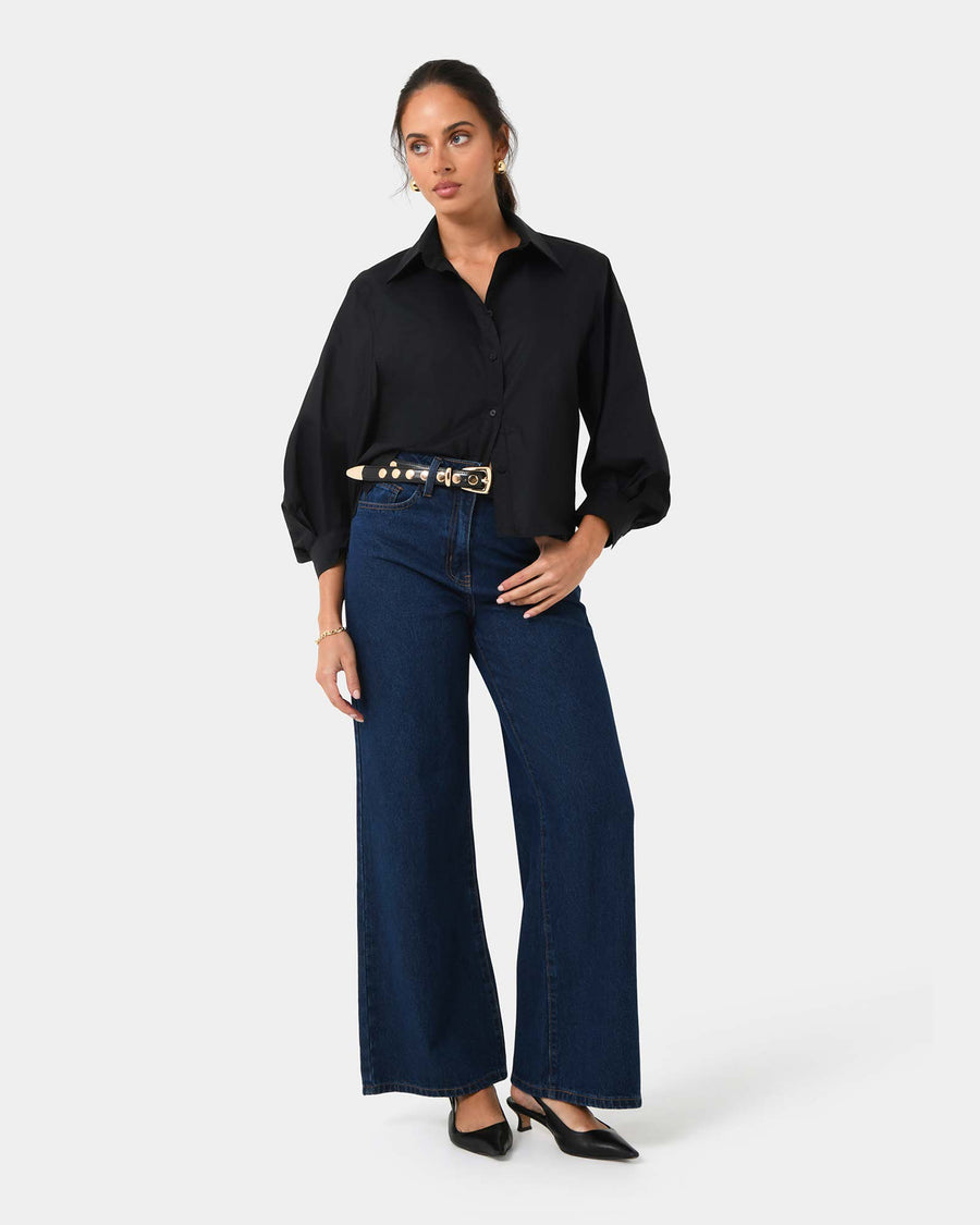 Lica Puff Sleeve Shirt in black — full-length view