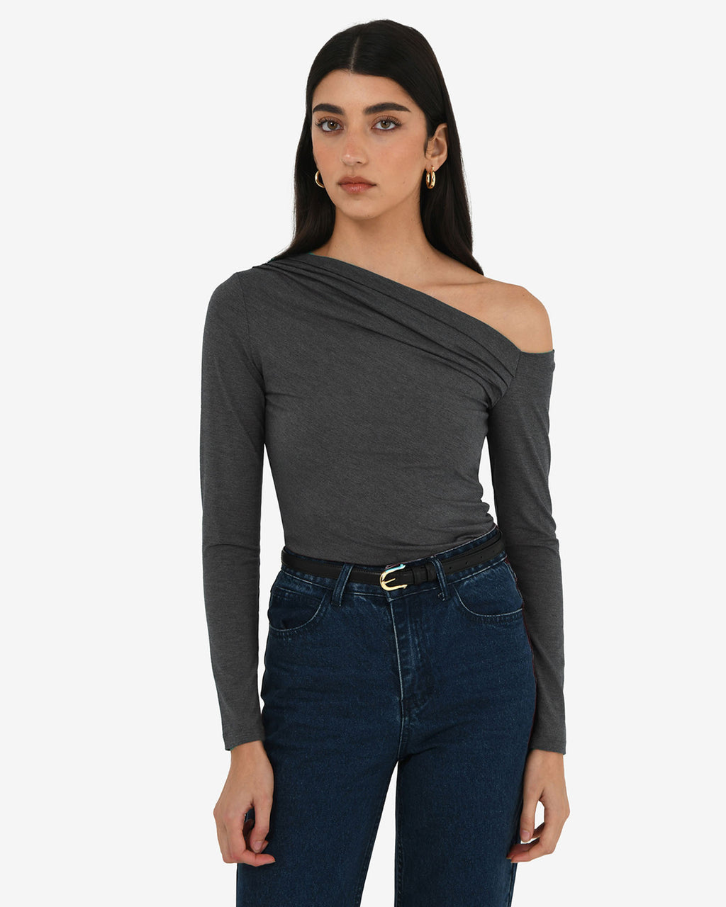 Felicha Asymmetric Top in charcoal — close-up view