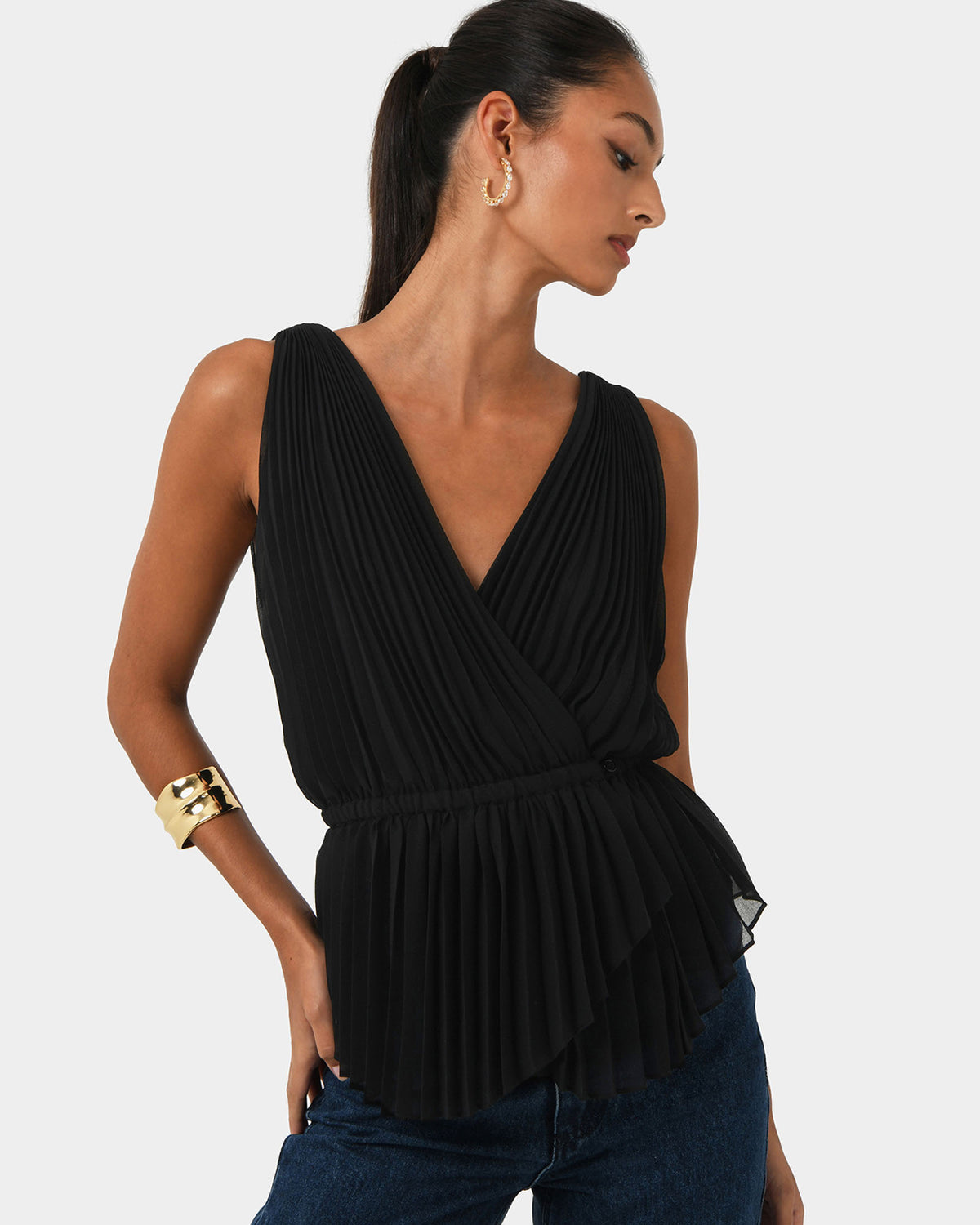 Arina Pleated Top in black — close-up view