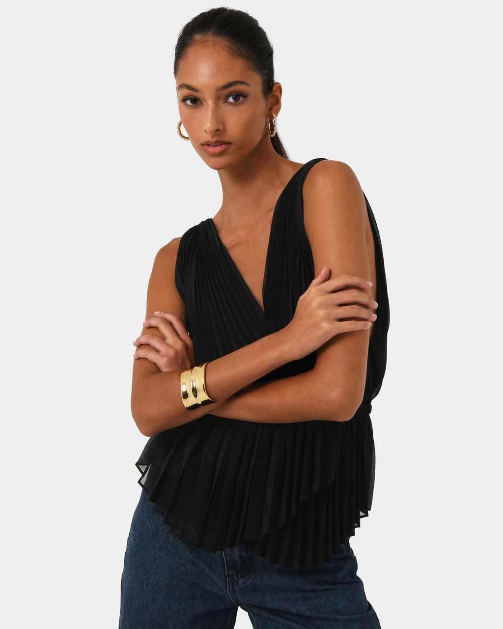 Arina Pleated Top in black — close-up view 2