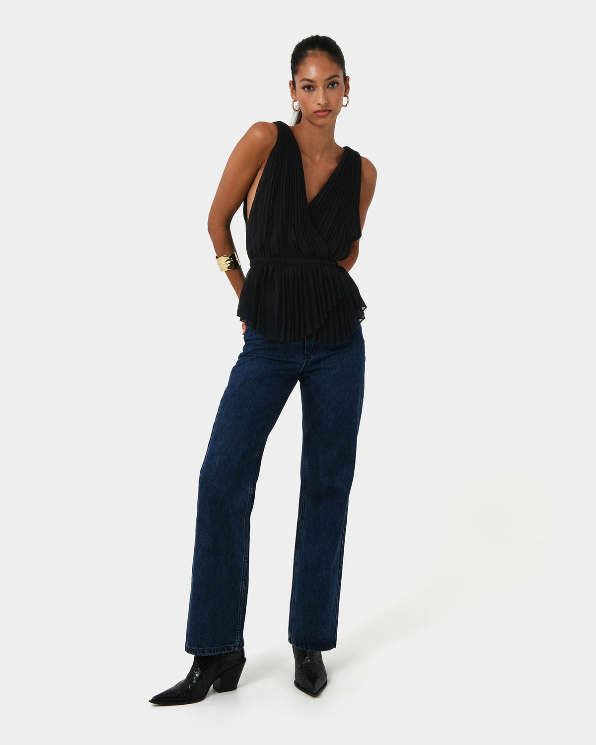 Arina Pleated Top in black — full-length view