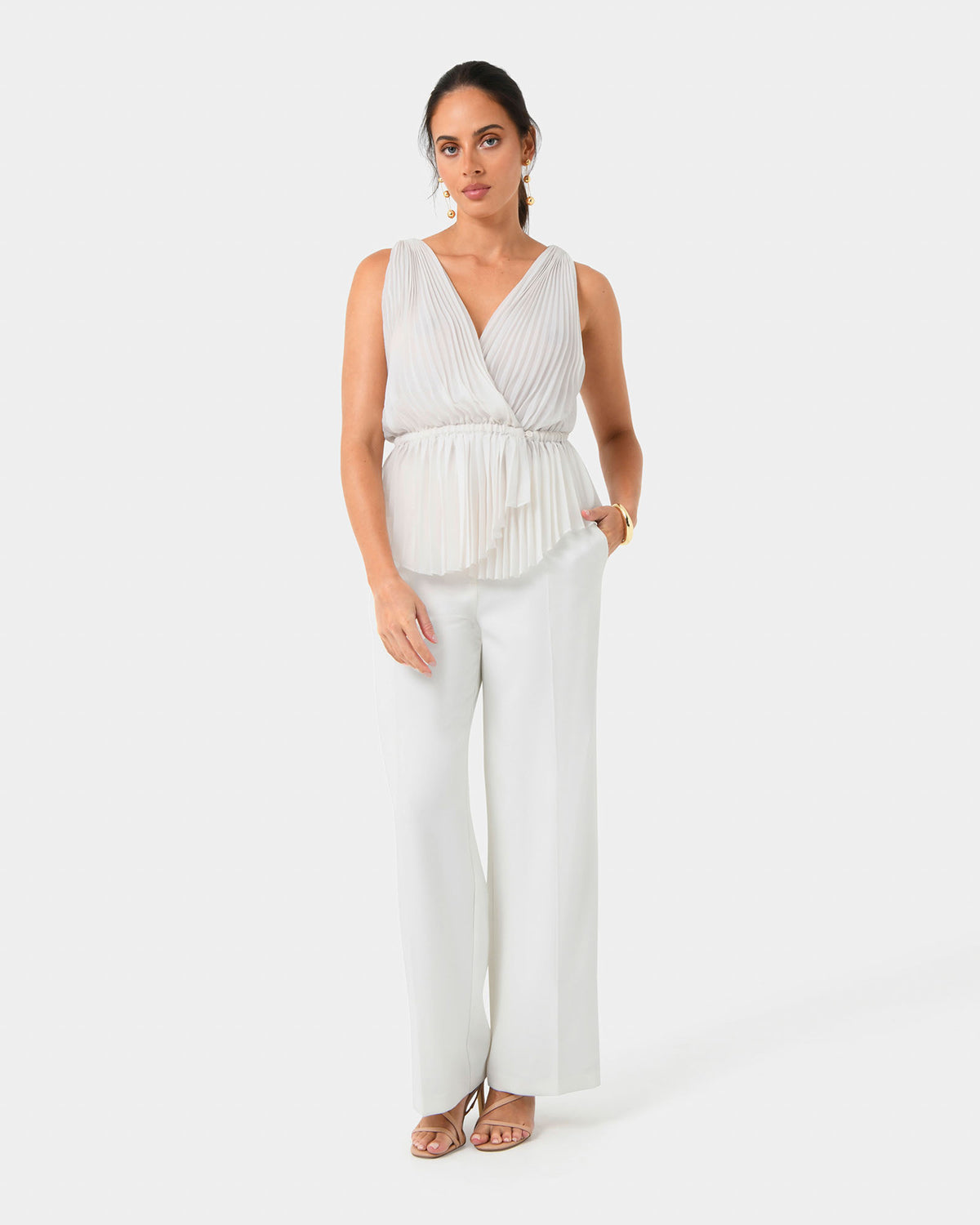 Arina Pleated Top in vanilla — full-length view