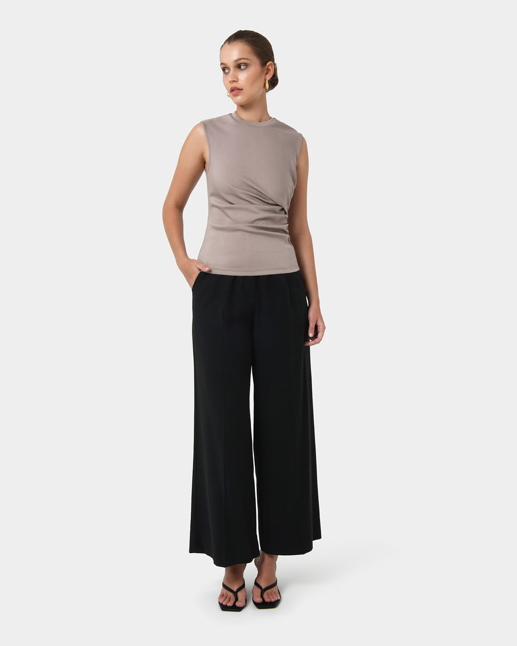 Lulu Ruched Top in mushroom — full-length view