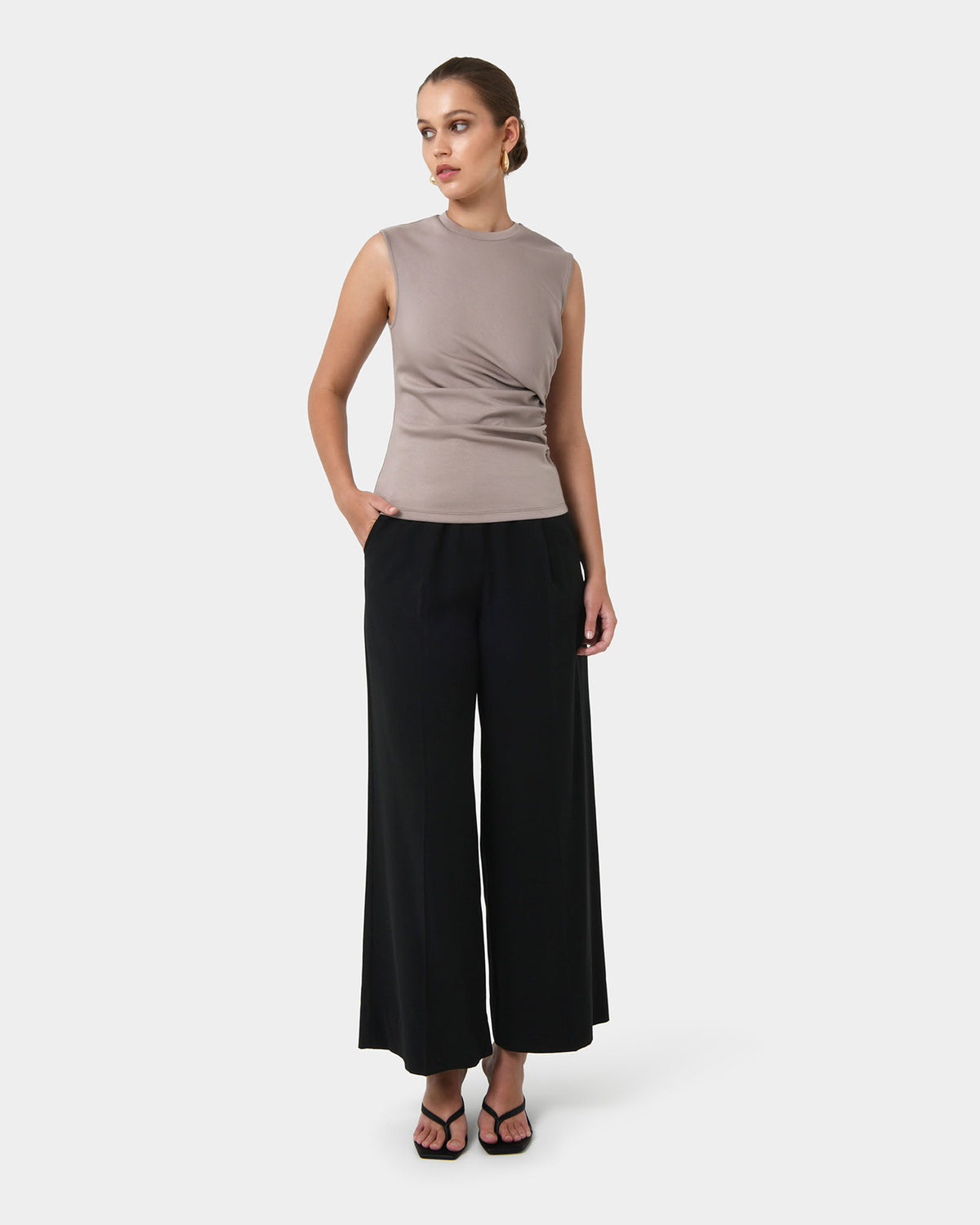 Lulu Ruched Top in mushroom — full-length view