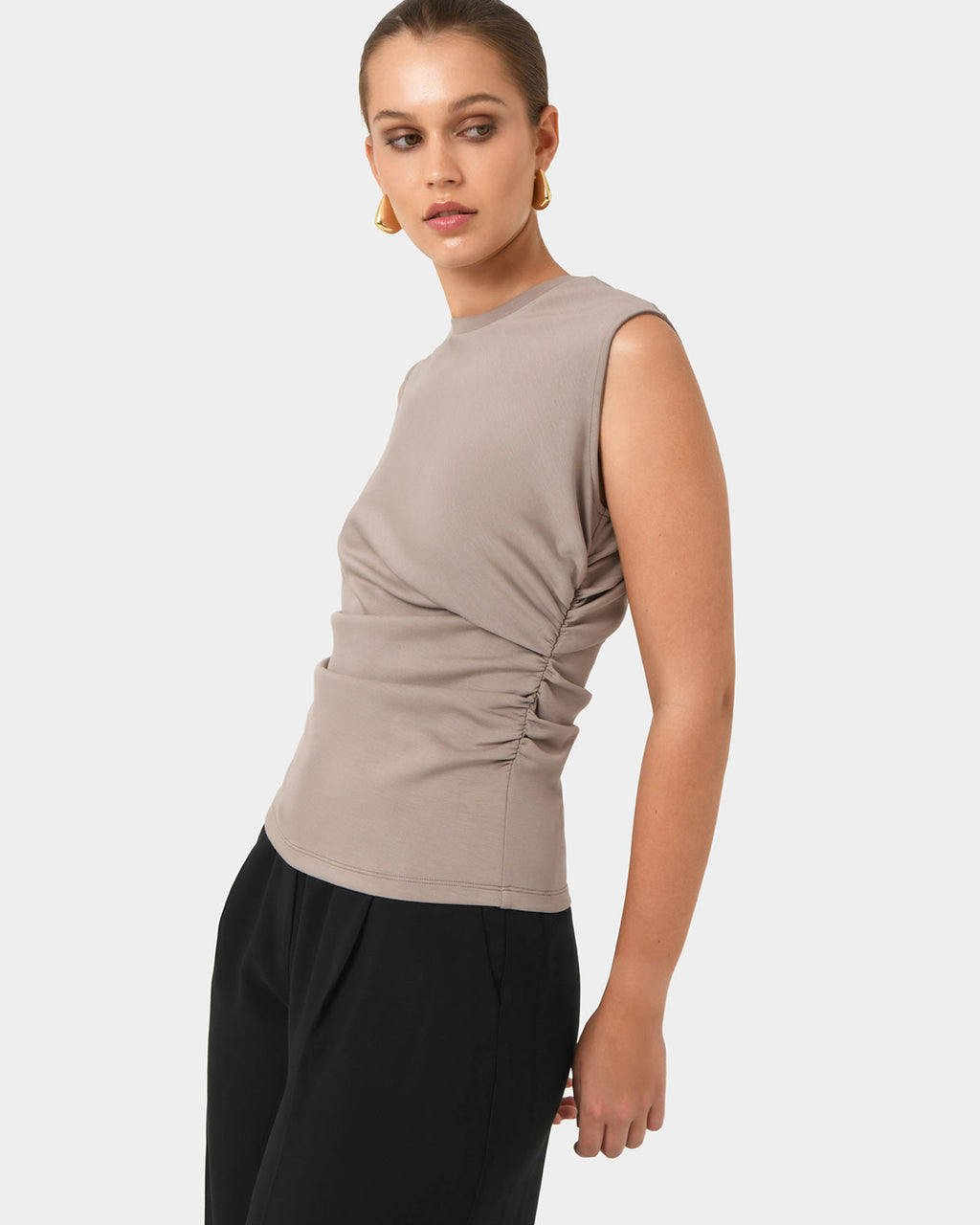 Lulu Ruched Top in mushroom — side view