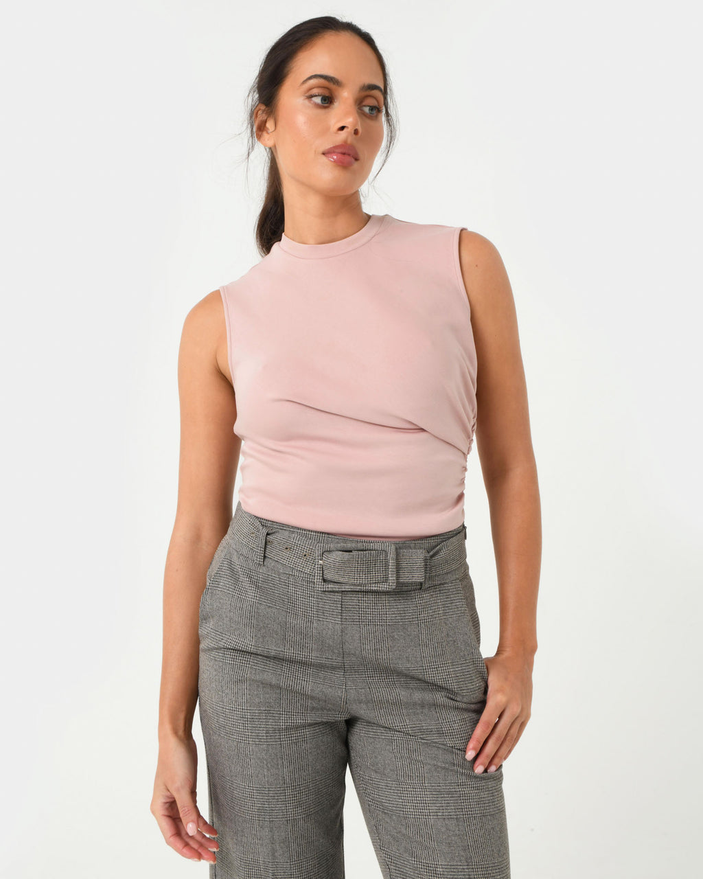 Lulu Ruched Top in pink — close-up view