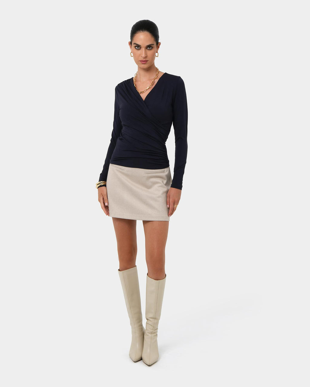 Tika Crossover Ruched Top in midnight — full-length view