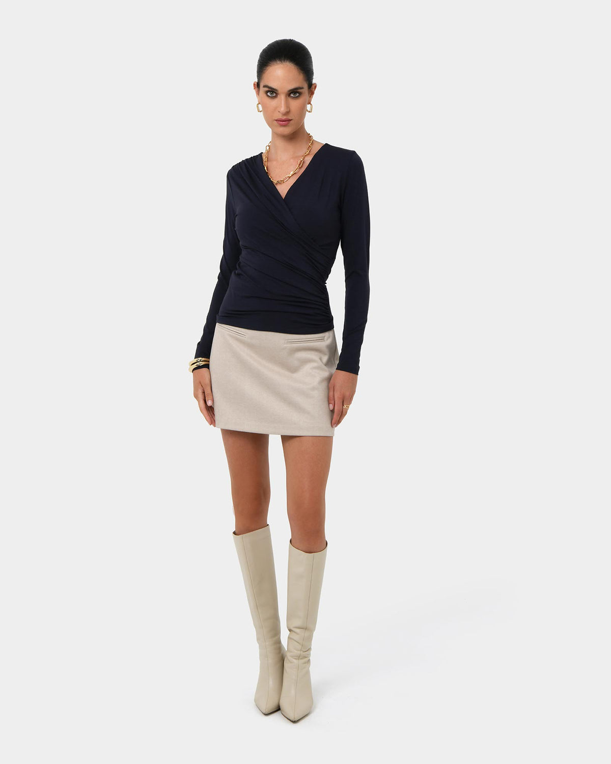 Tika Crossover Ruched Top in midnight — full-length view