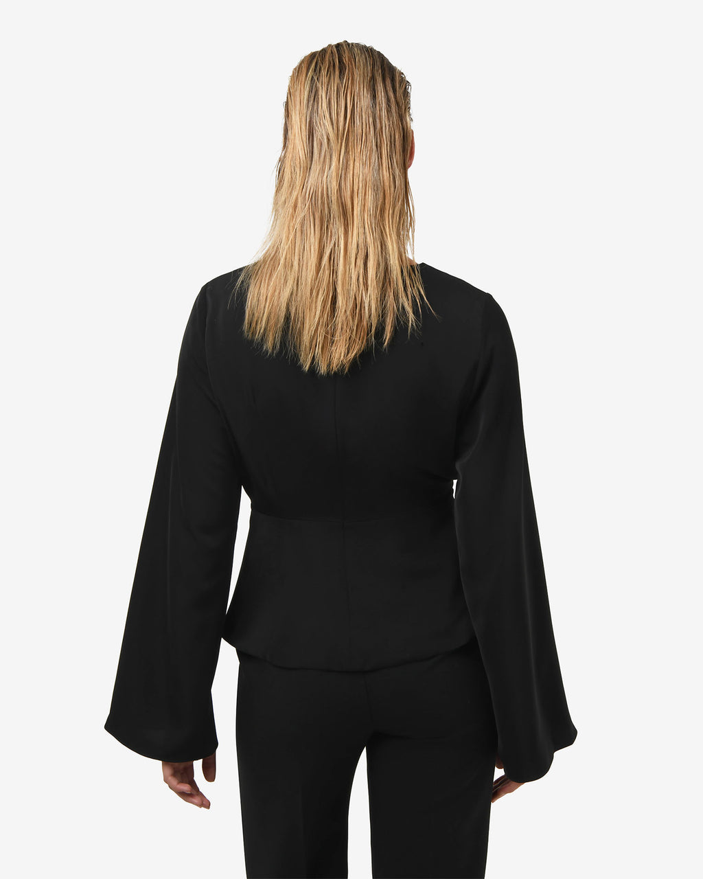 Melody Long Sleeve Draped Top in black — back view