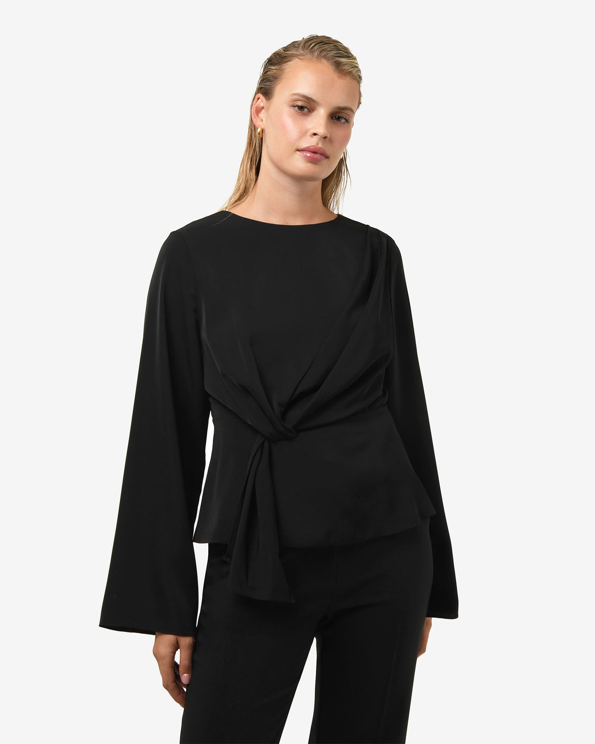 Melody Long Sleeve Draped Top in black — close-up view