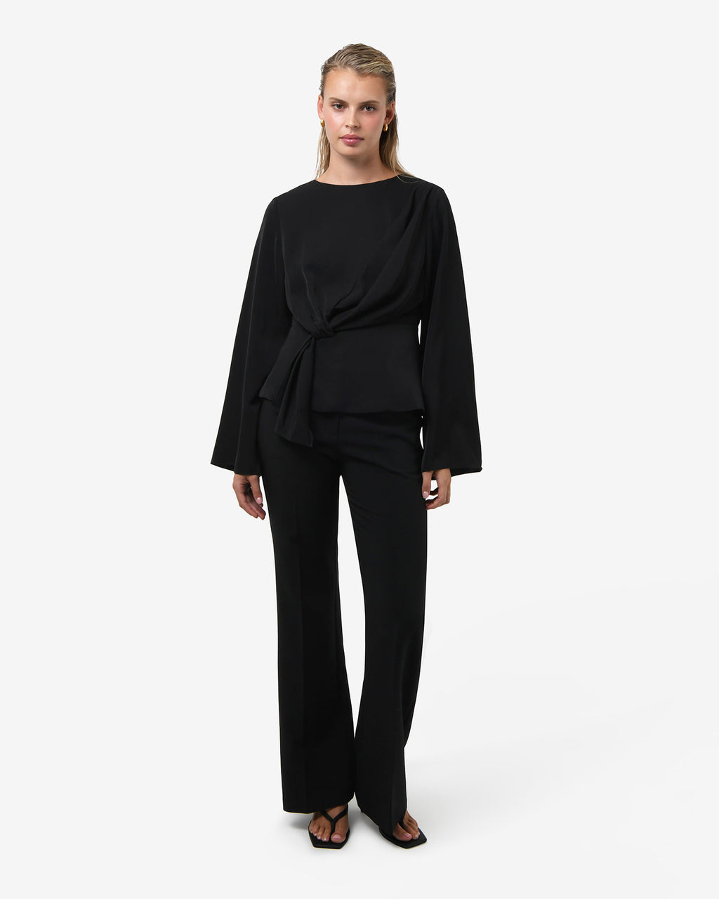 Melody Long Sleeve Draped Top in black — full-length view