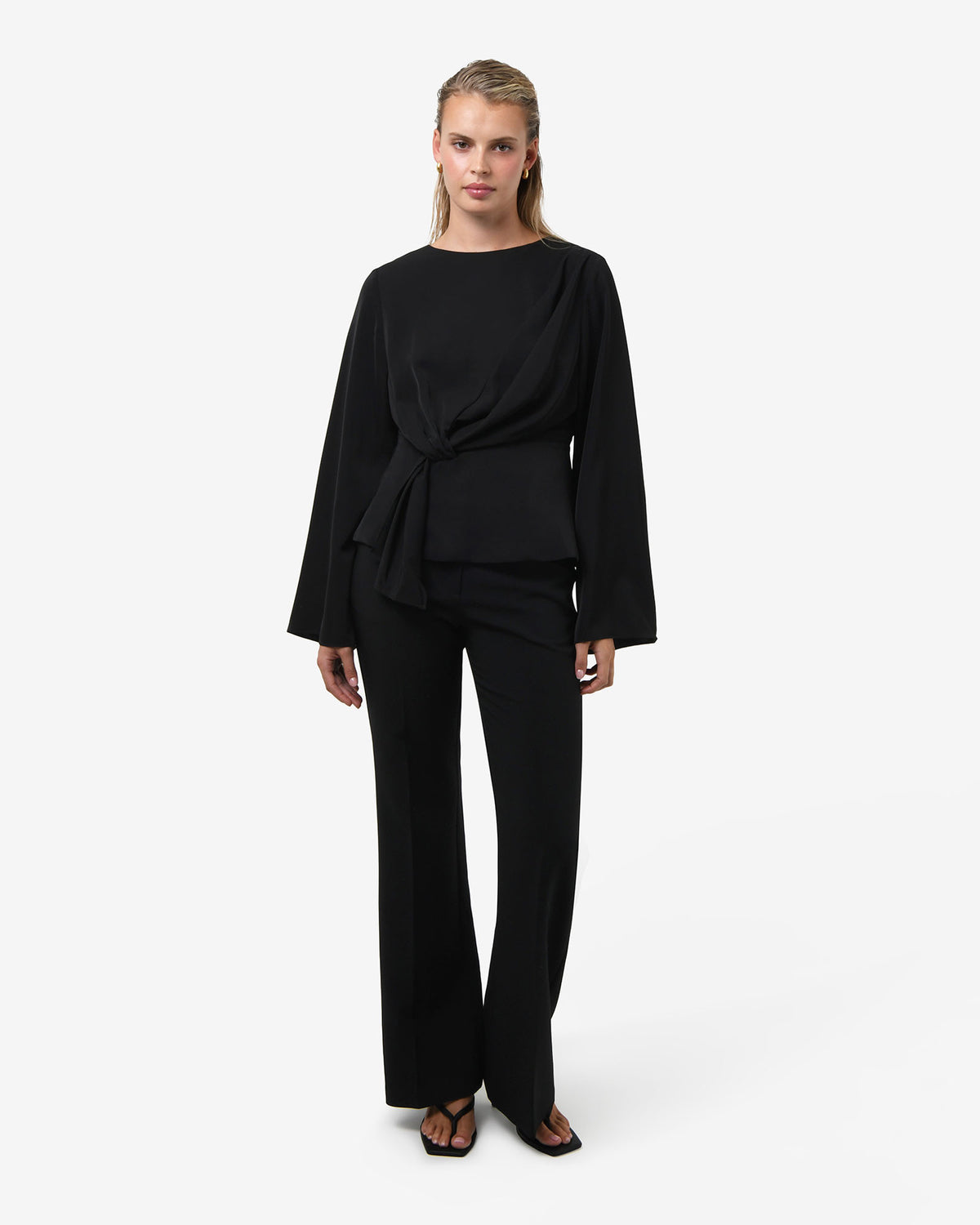Melody Long Sleeve Draped Top in black — full-length view