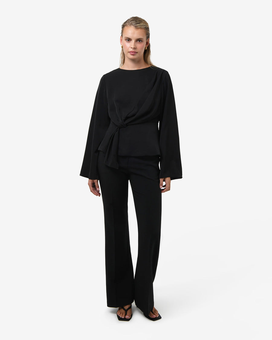 Melody Long Sleeve Draped Top in black — full-length view