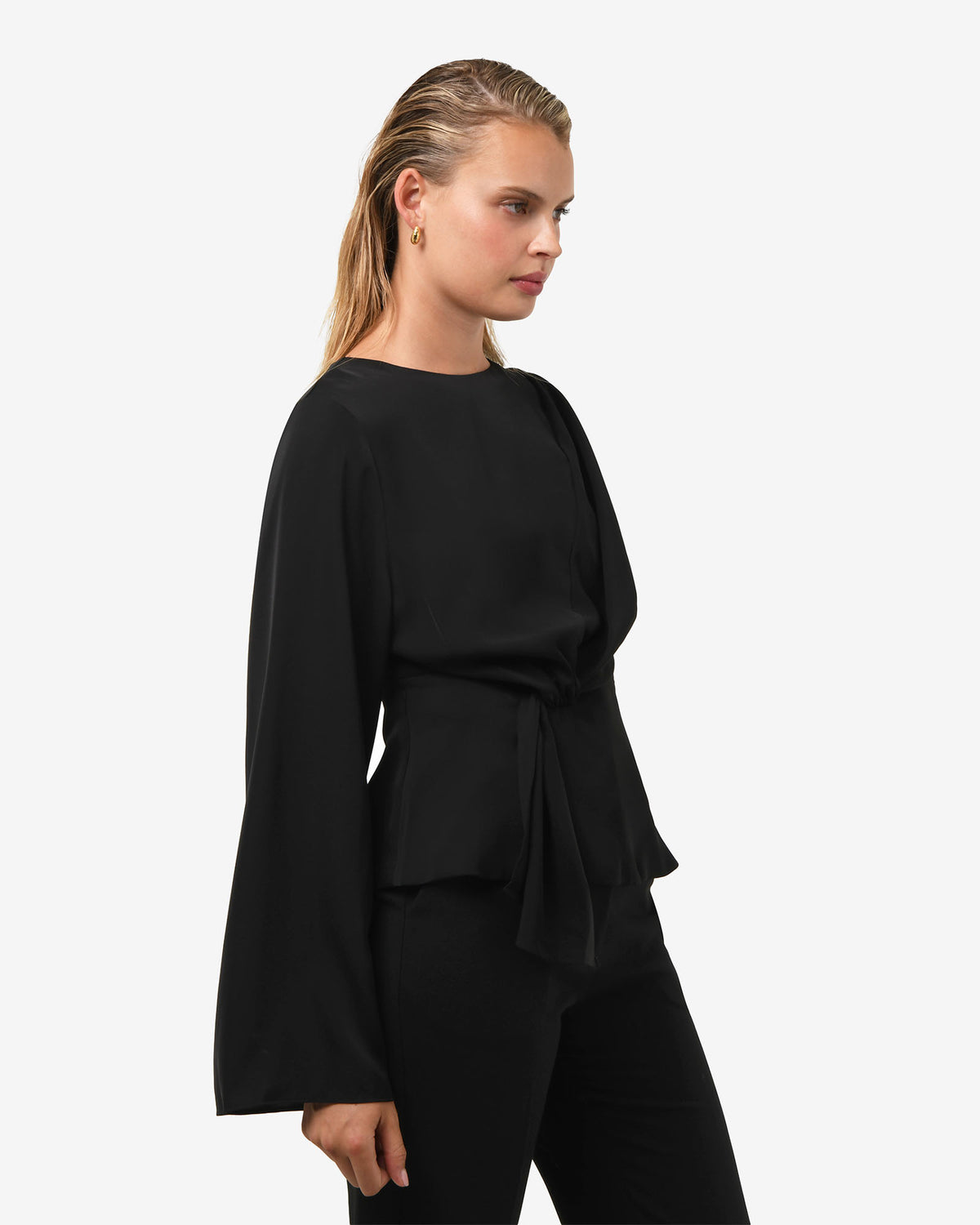 Melody Long Sleeve Draped Top in black — side view