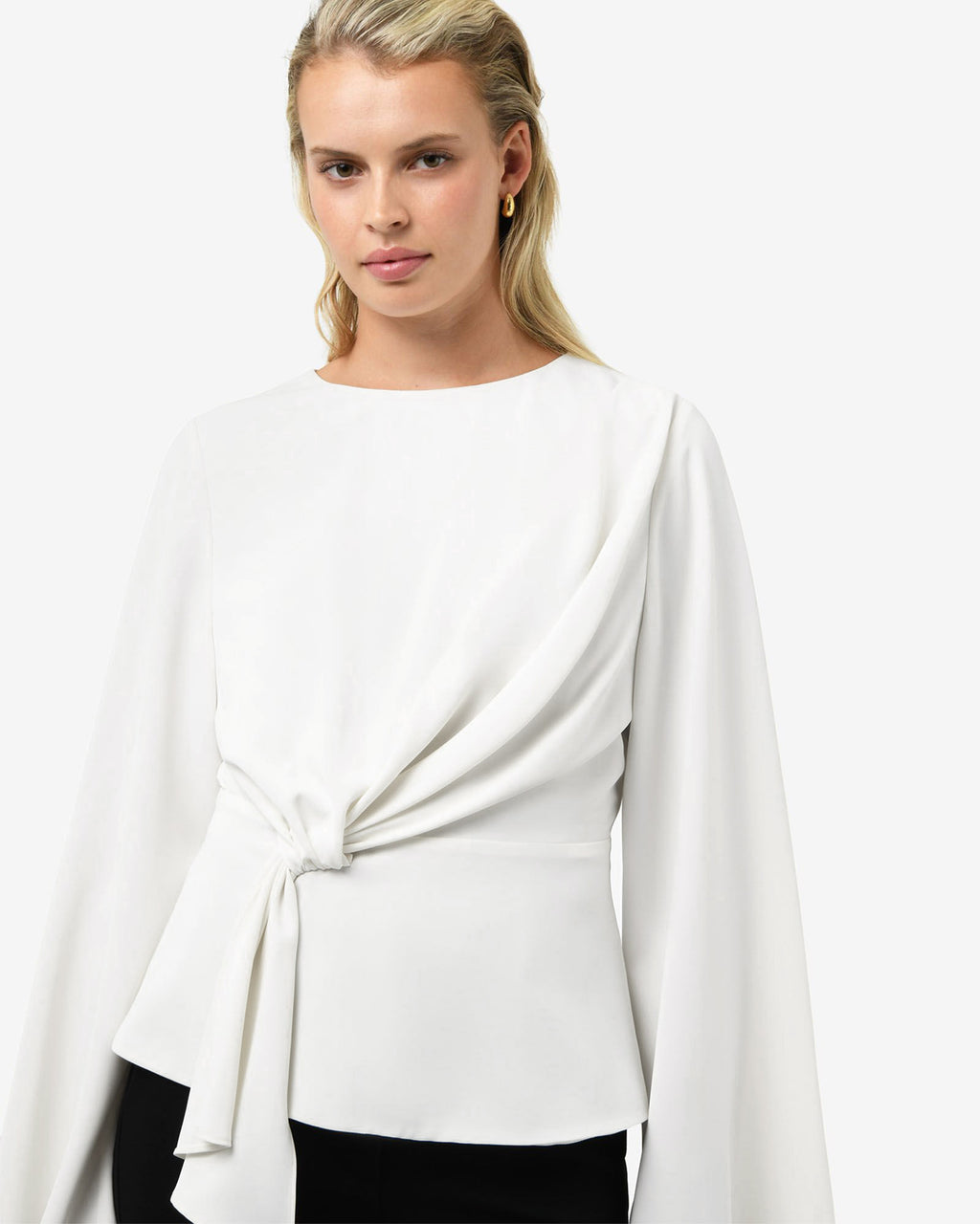 Melody Long Sleeve Draped Top in ivory — close-up view