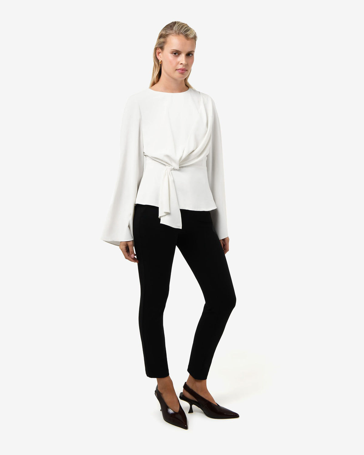 Melody Long Sleeve Draped Top in ivory — full-length view