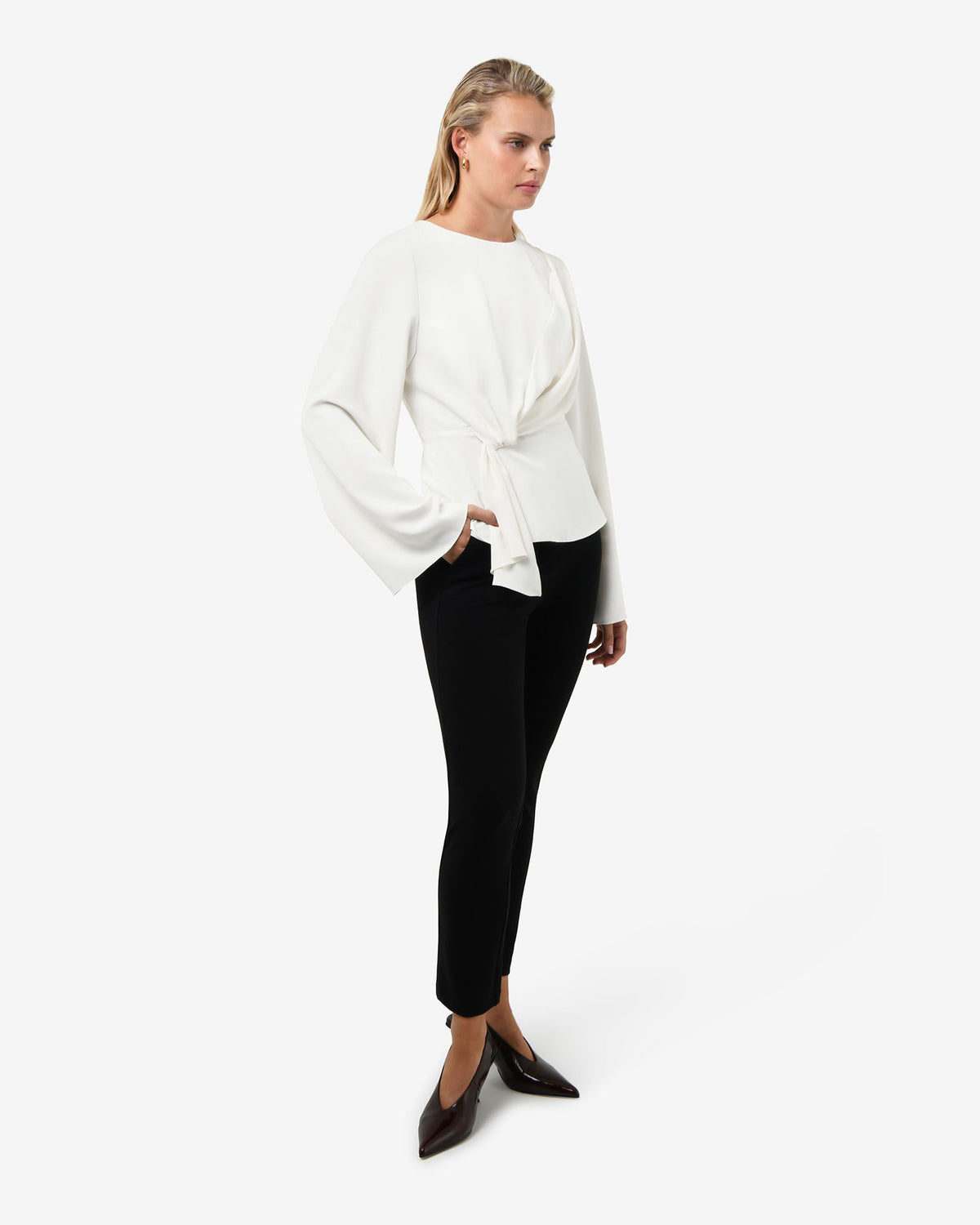 Melody Long Sleeve Draped Top in ivory — full-length view 2