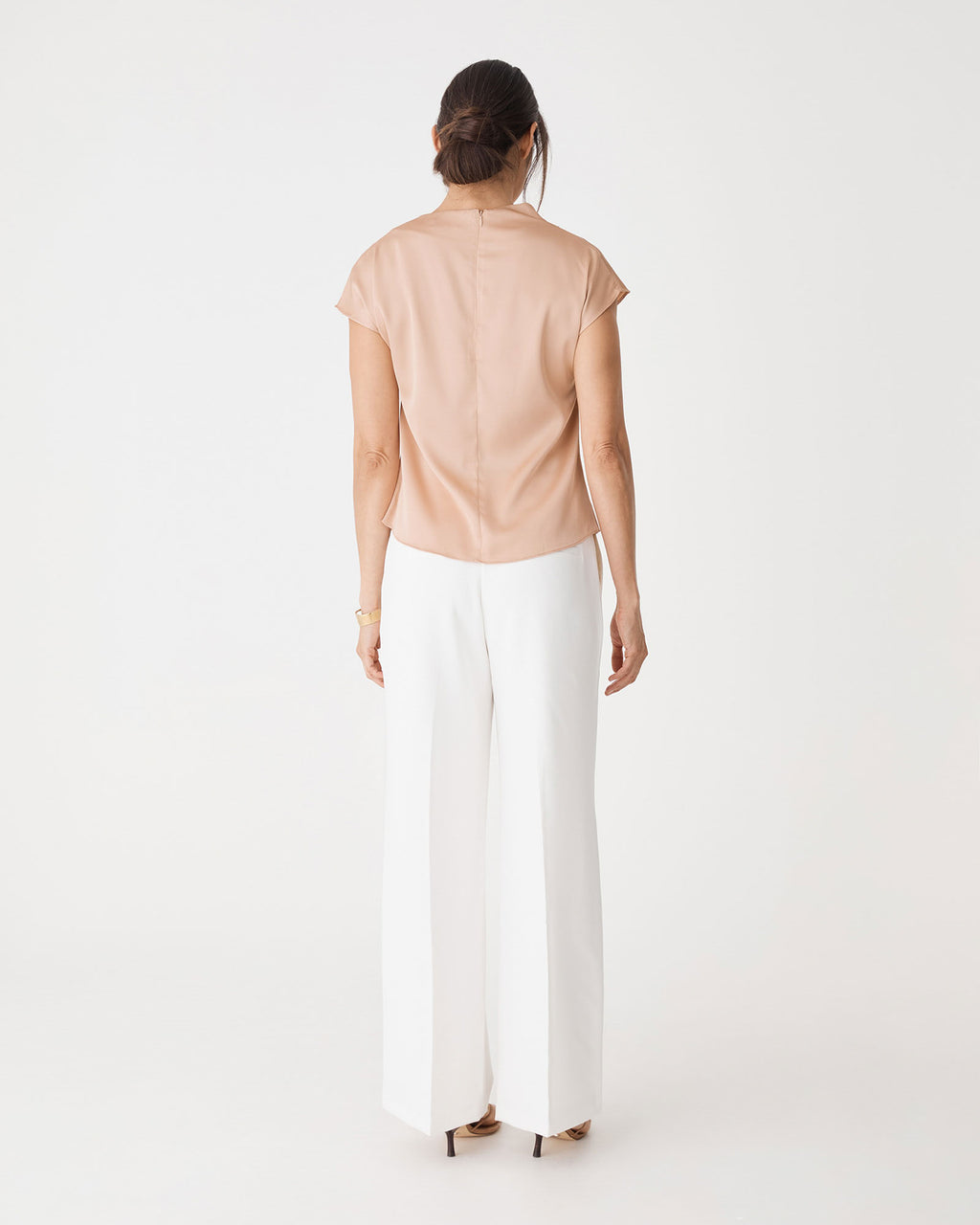 Zafina Pleated Draped Top in almond — back view