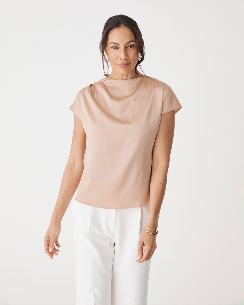 Zafina Pleated Draped Top in almond — close-up view