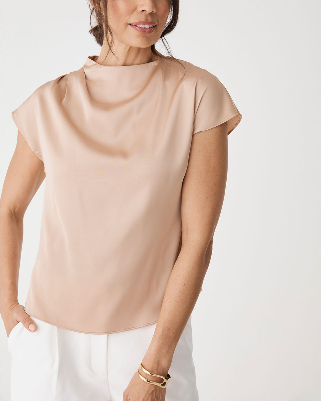 Zafina Pleated Draped Top in almond — close-up view 2