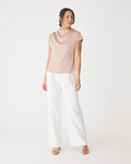 Zafina Pleated Draped Top in almond — full-length view