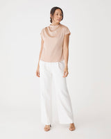 Zafina Pleated Draped Top in almond — full-length view