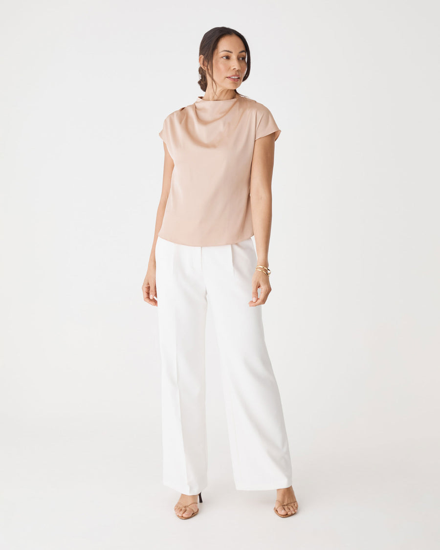 Zafina Pleated Draped Top in almond — full-length view