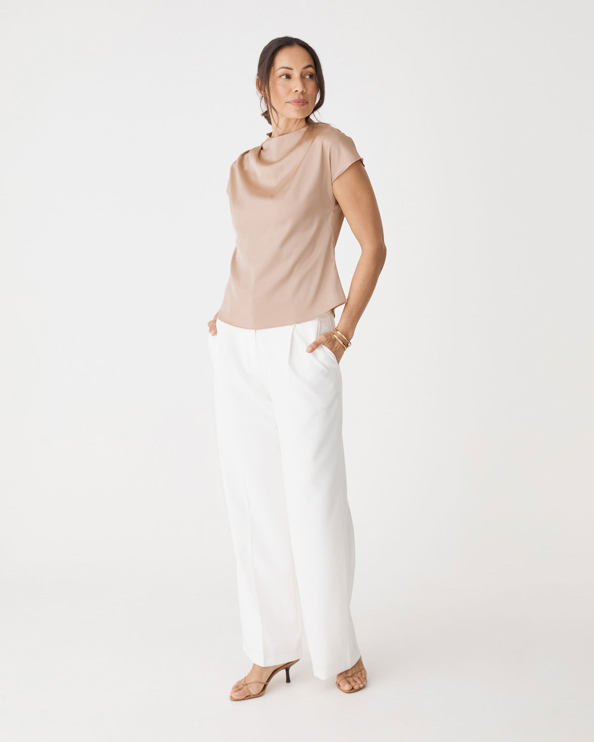 Zafina Pleated Draped Top in almond — full-length view 2
