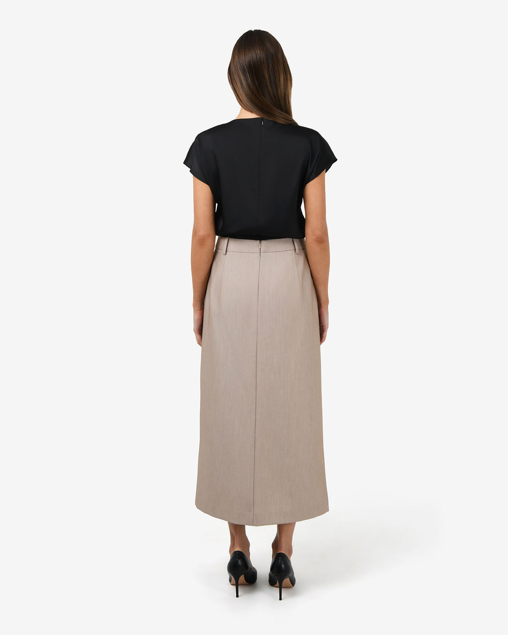 Zafina Pleated Draped Top in black — back view