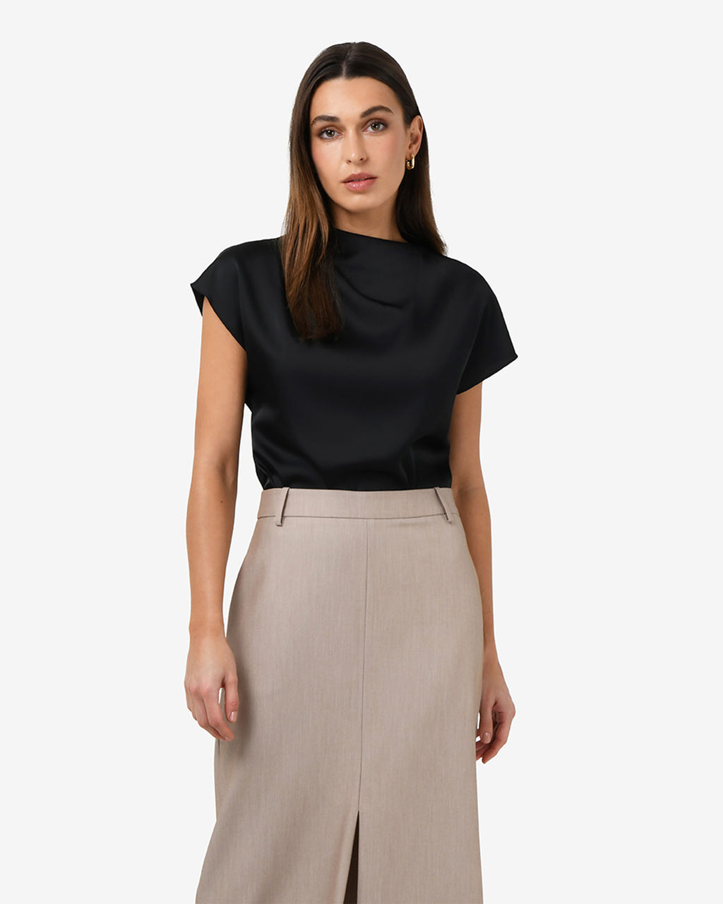 Zafina Pleated Draped Top in black — close-up view