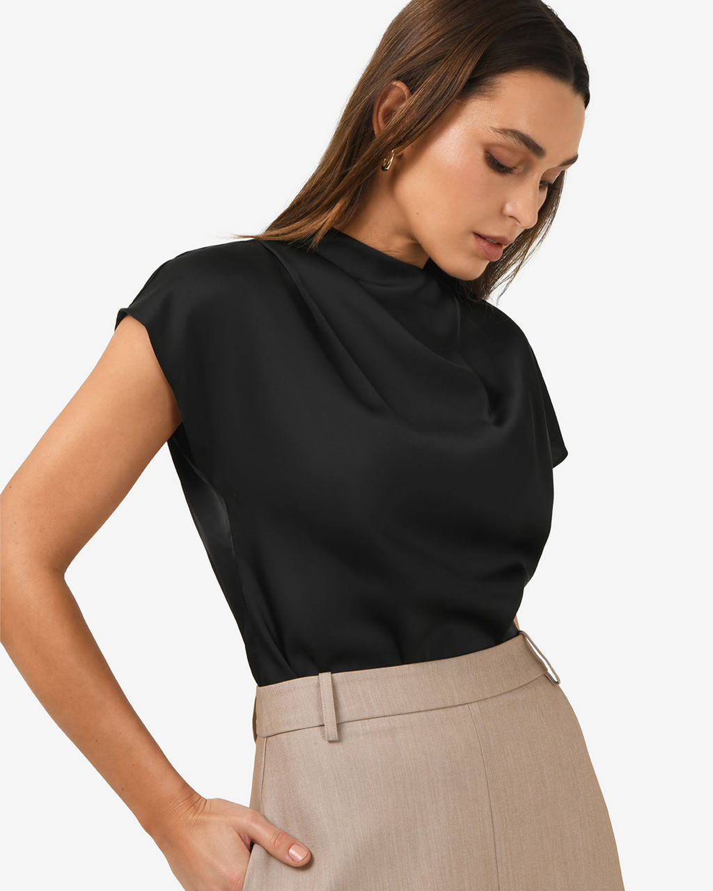 Zafina Pleated Draped Top in black — side view