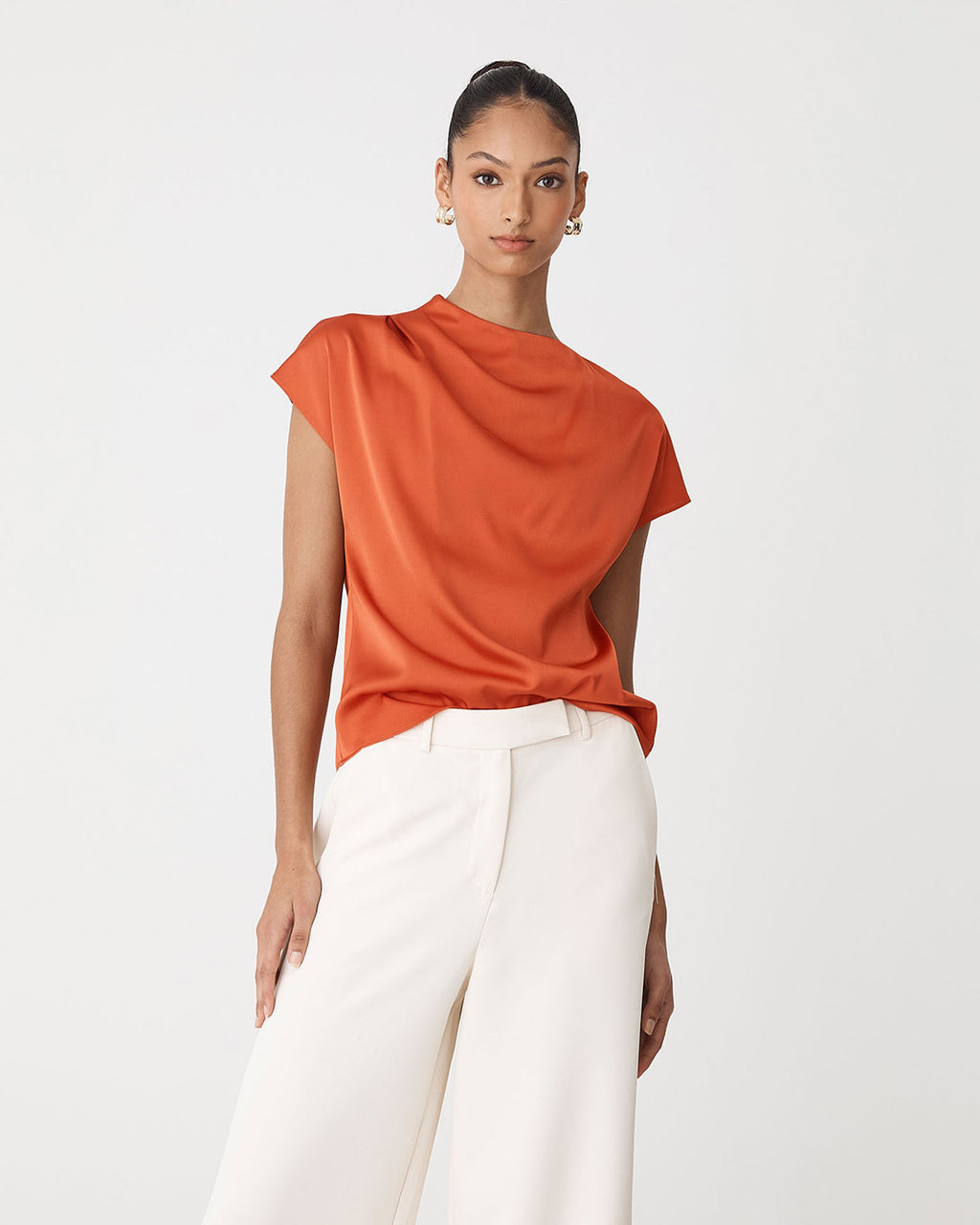 Zafina Pleated Draped Top in burnt orange — close-up view 2
