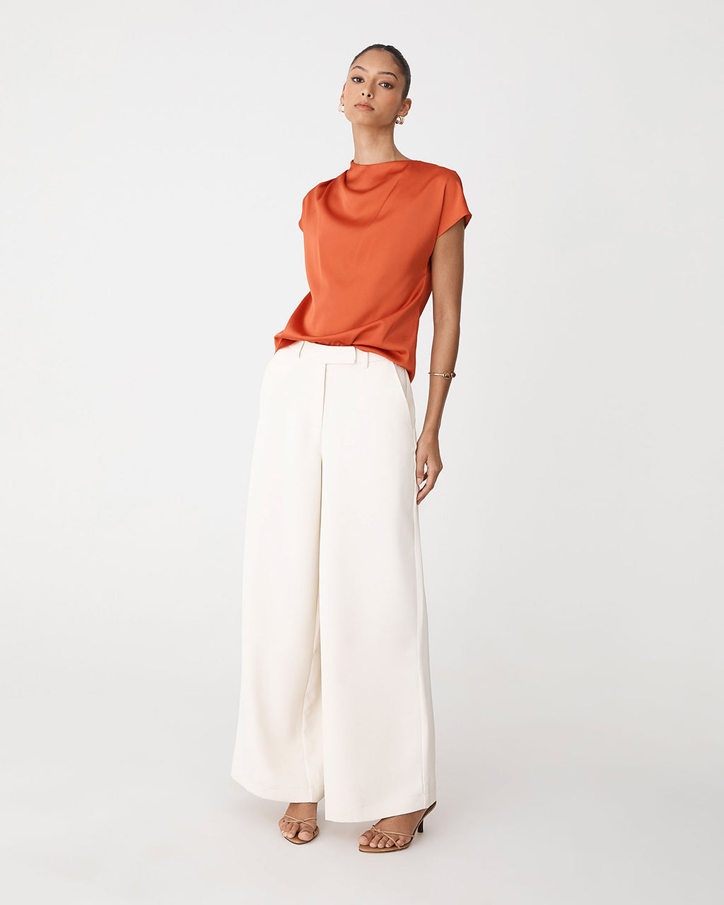 Zafina Pleated Draped Top in burnt orange — full-length view