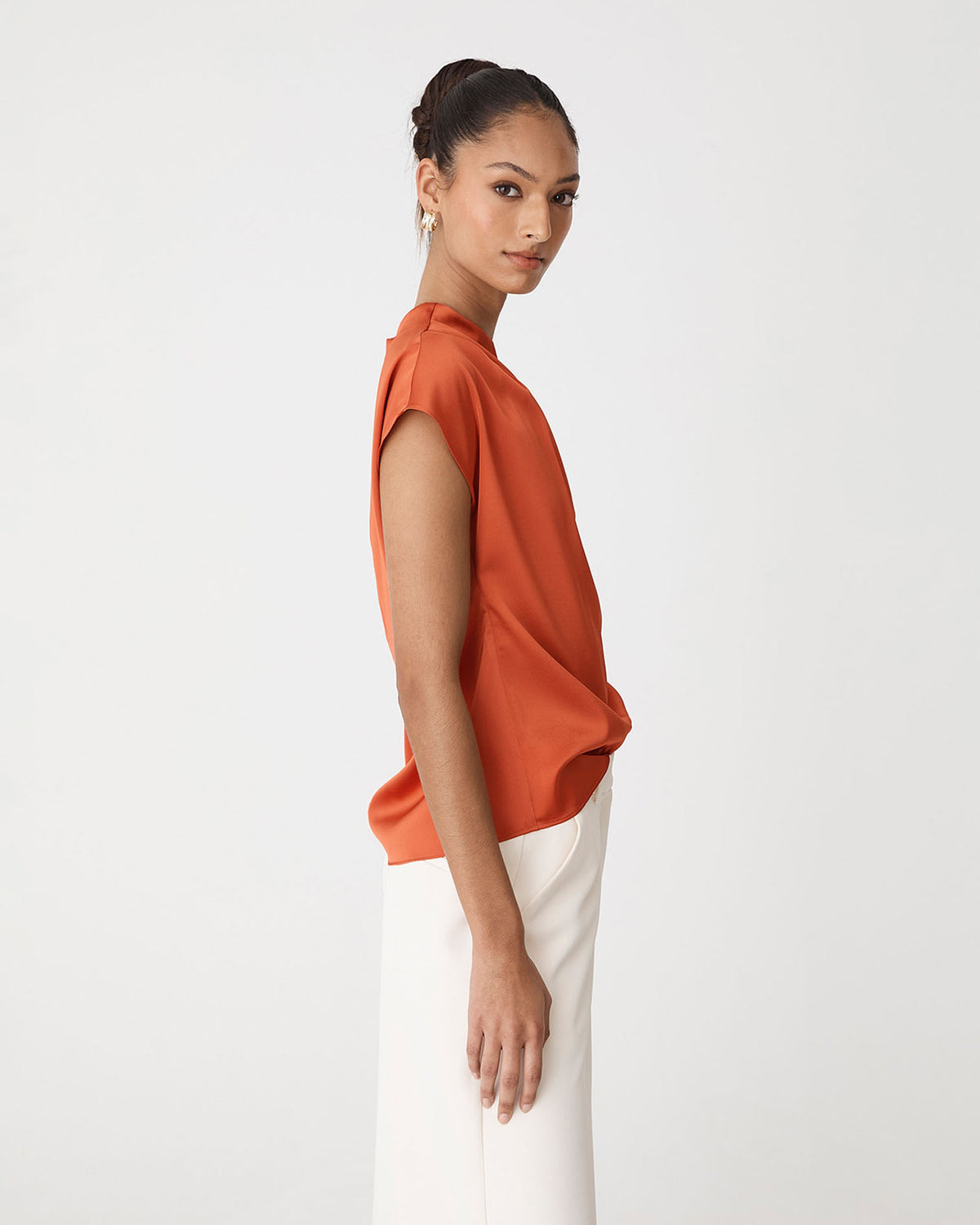Zafina Pleated Draped Top in burnt orange — side view