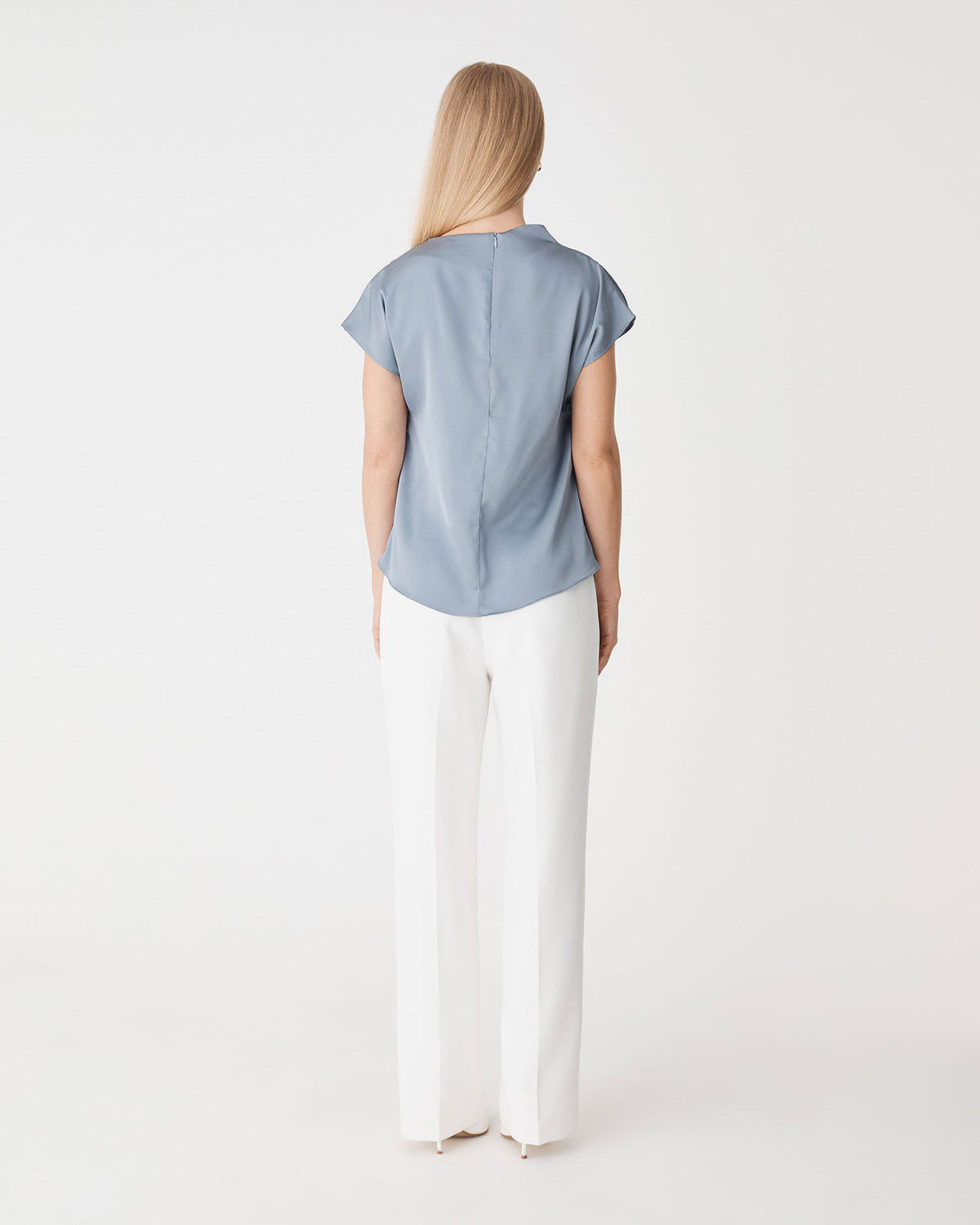 Zafina Pleated Draped Top in oyster blue — back view