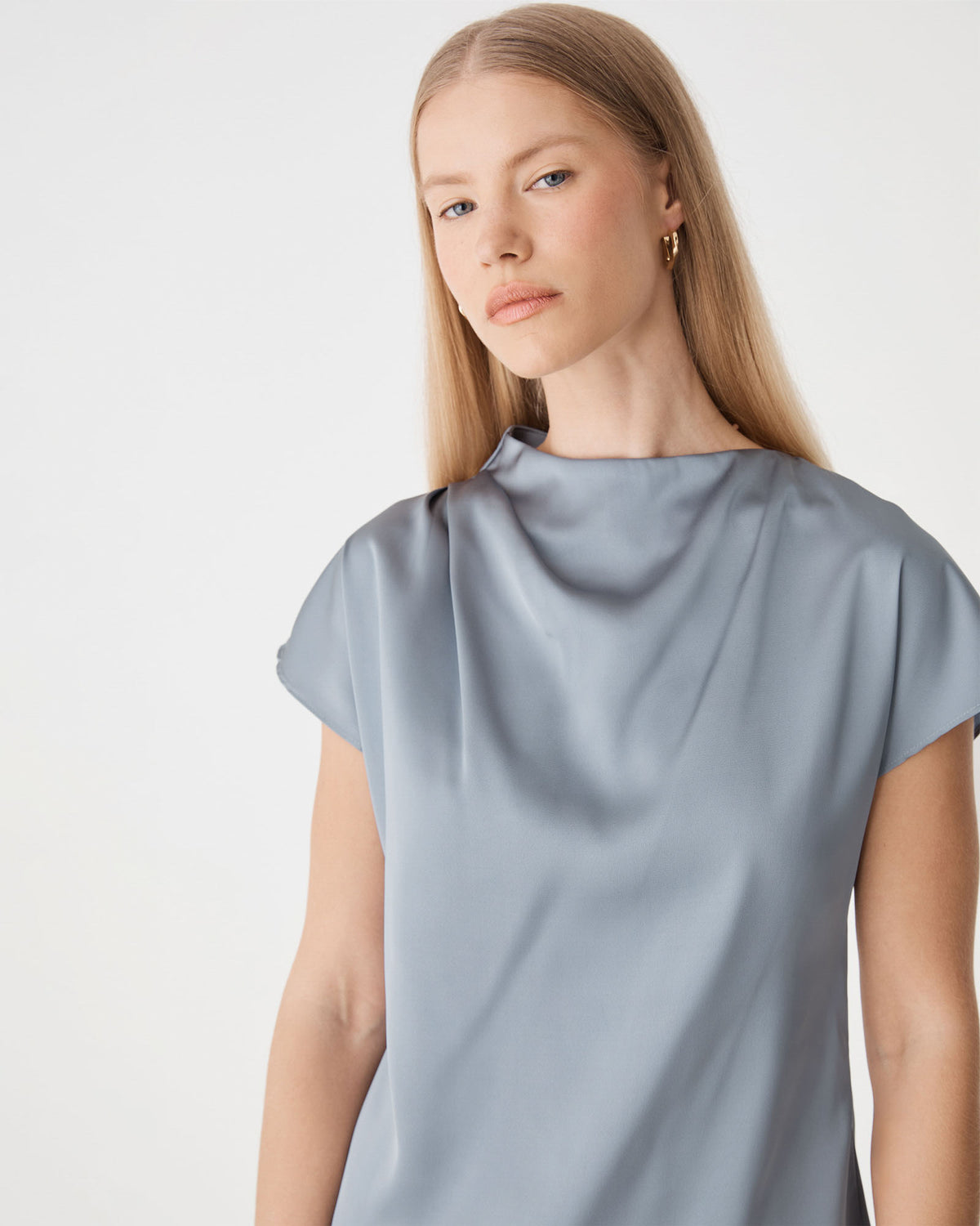 Zafina Pleated Draped Top in oyster blue — close-up view