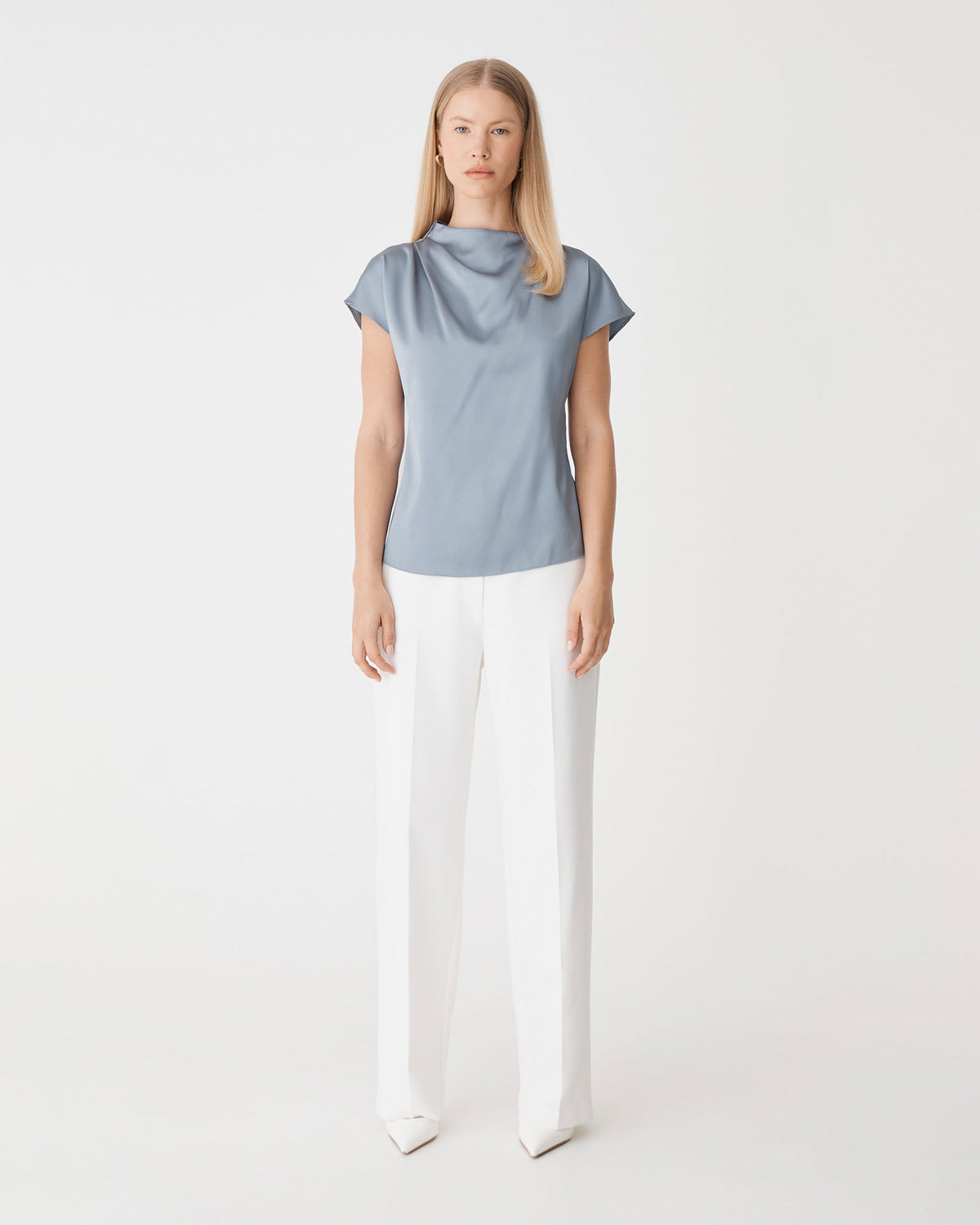 Zafina Pleated Draped Top in oyster blue — full-length view