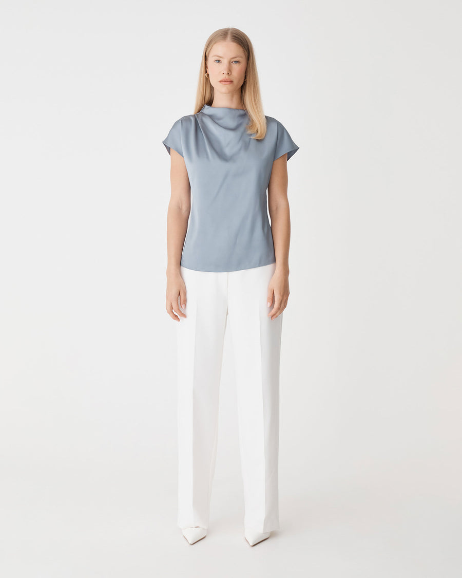 Zafina Pleated Draped Top in oyster blue — full-length view