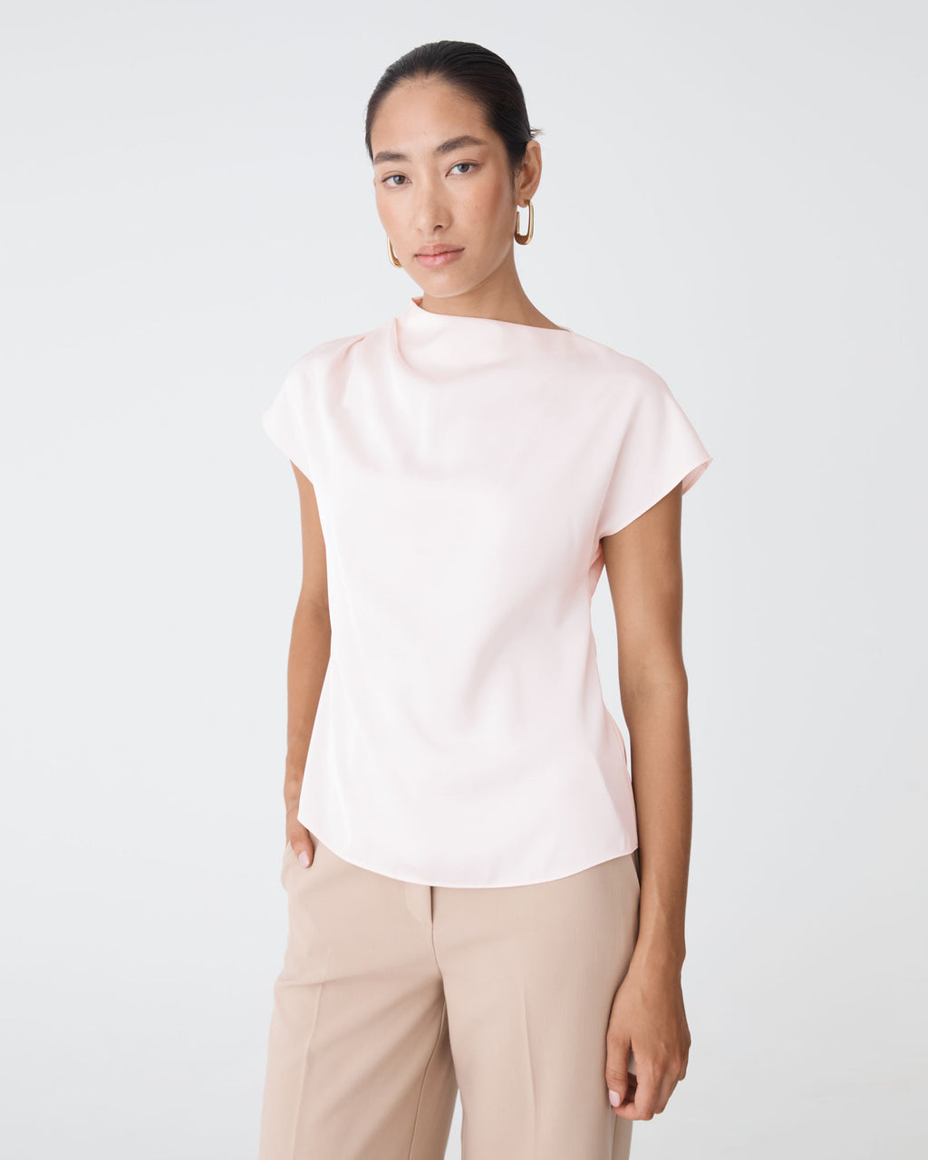 Zafina Pleated Draped Top in pearl — close-up view