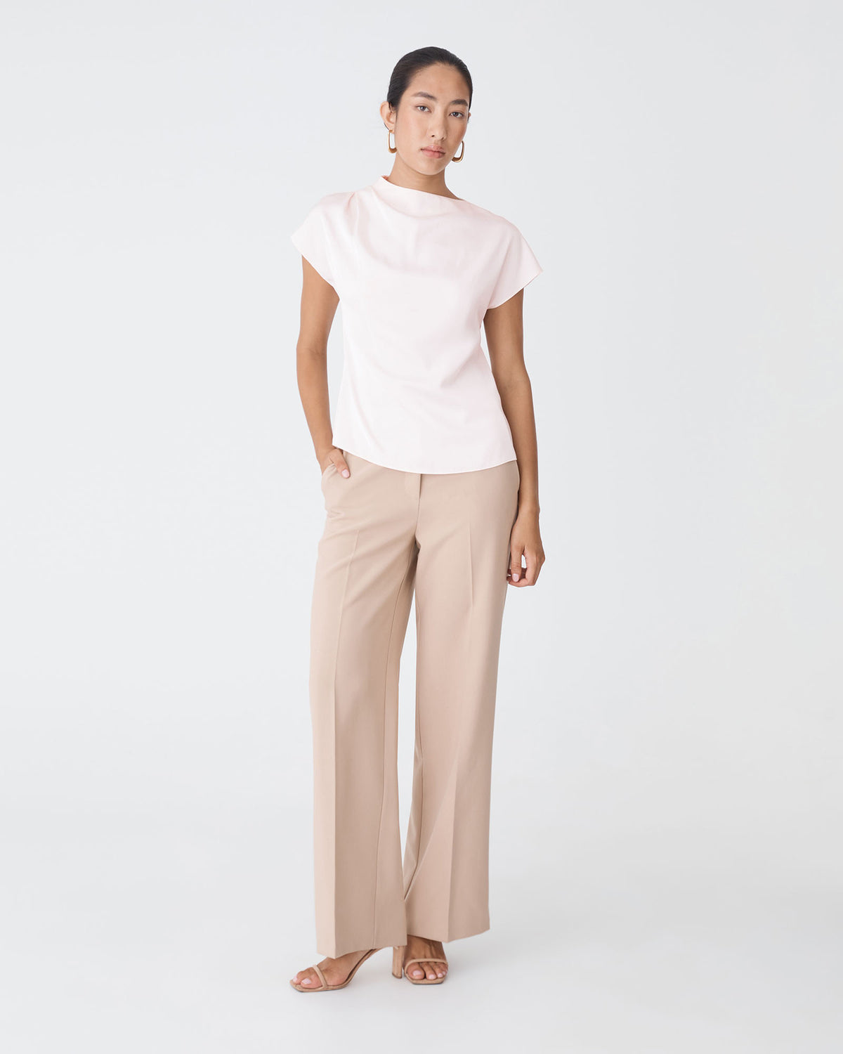 Zafina Pleated Draped Top in pearl — full-length view
