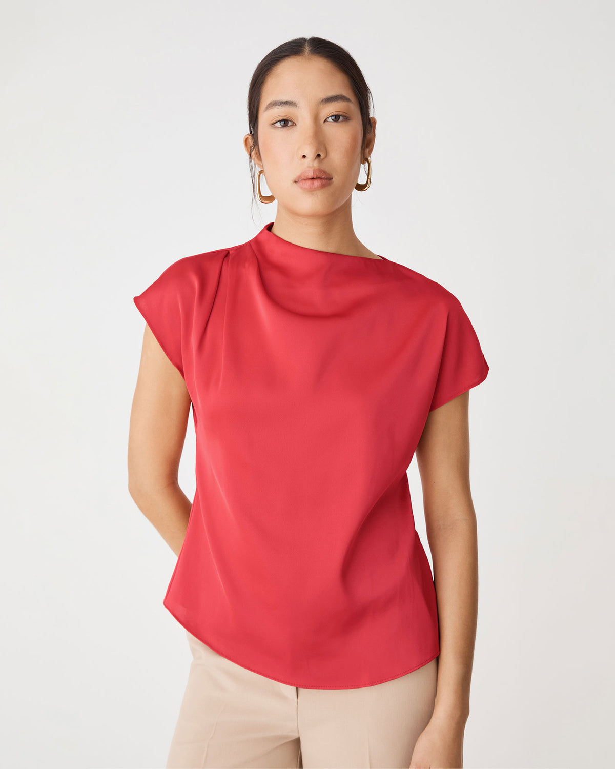 Zafina Pleated Draped Top in scarlet — close-up view