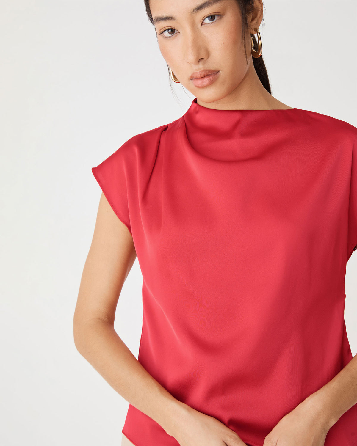 Zafina Pleated Draped Top in scarlet — fabric detail