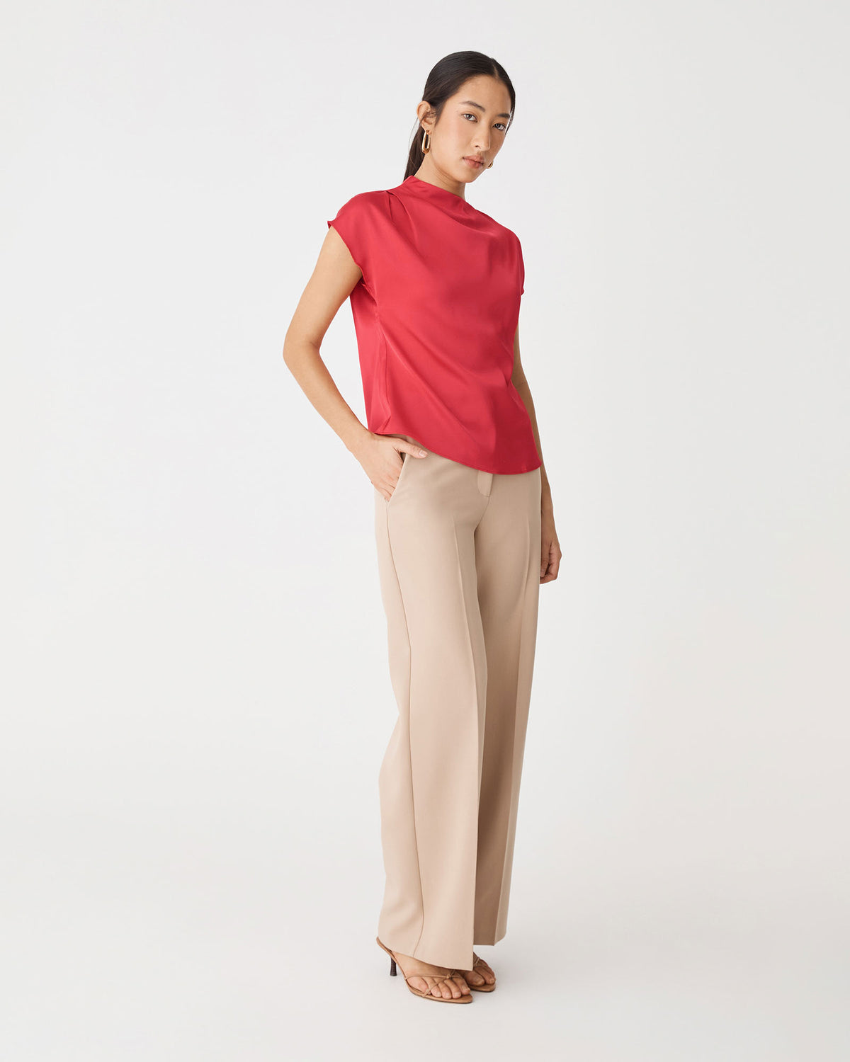 Zafina Pleated Draped Top in scarlet — side view