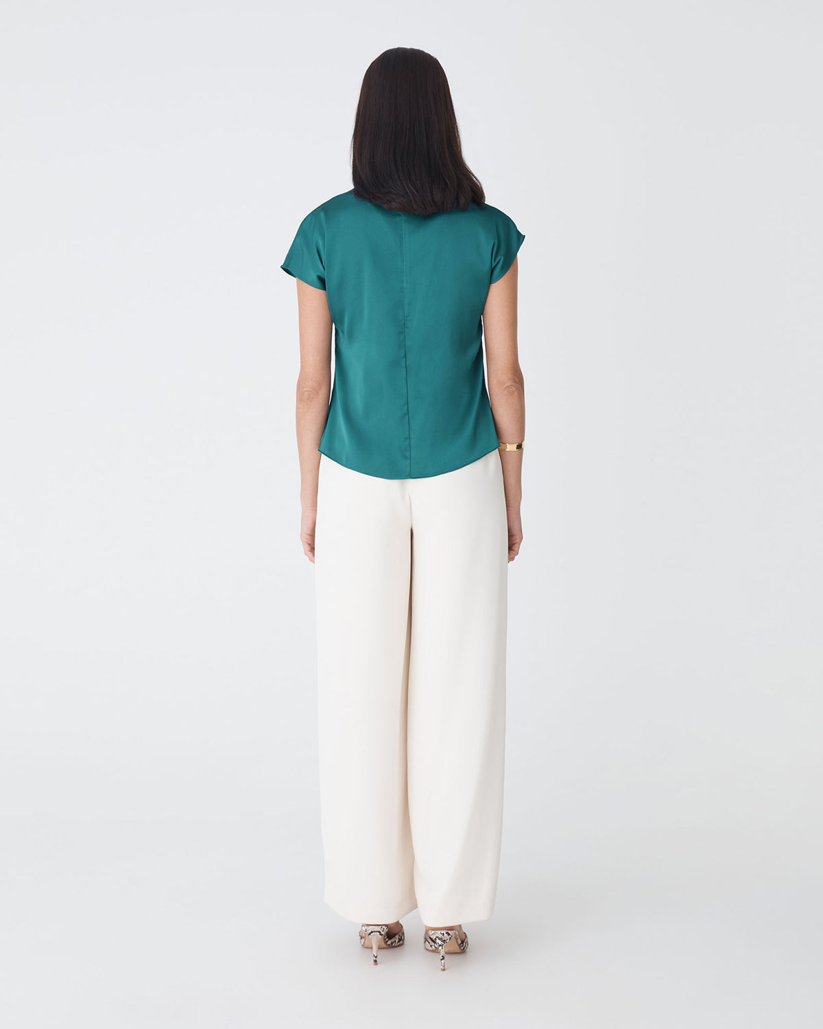 Zafina Pleated Draped Top in teal — back view