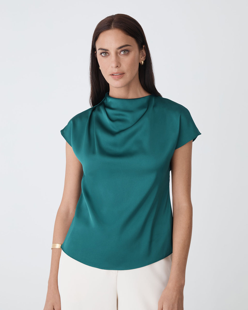 Zafina Pleated Draped Top in teal — close-up view