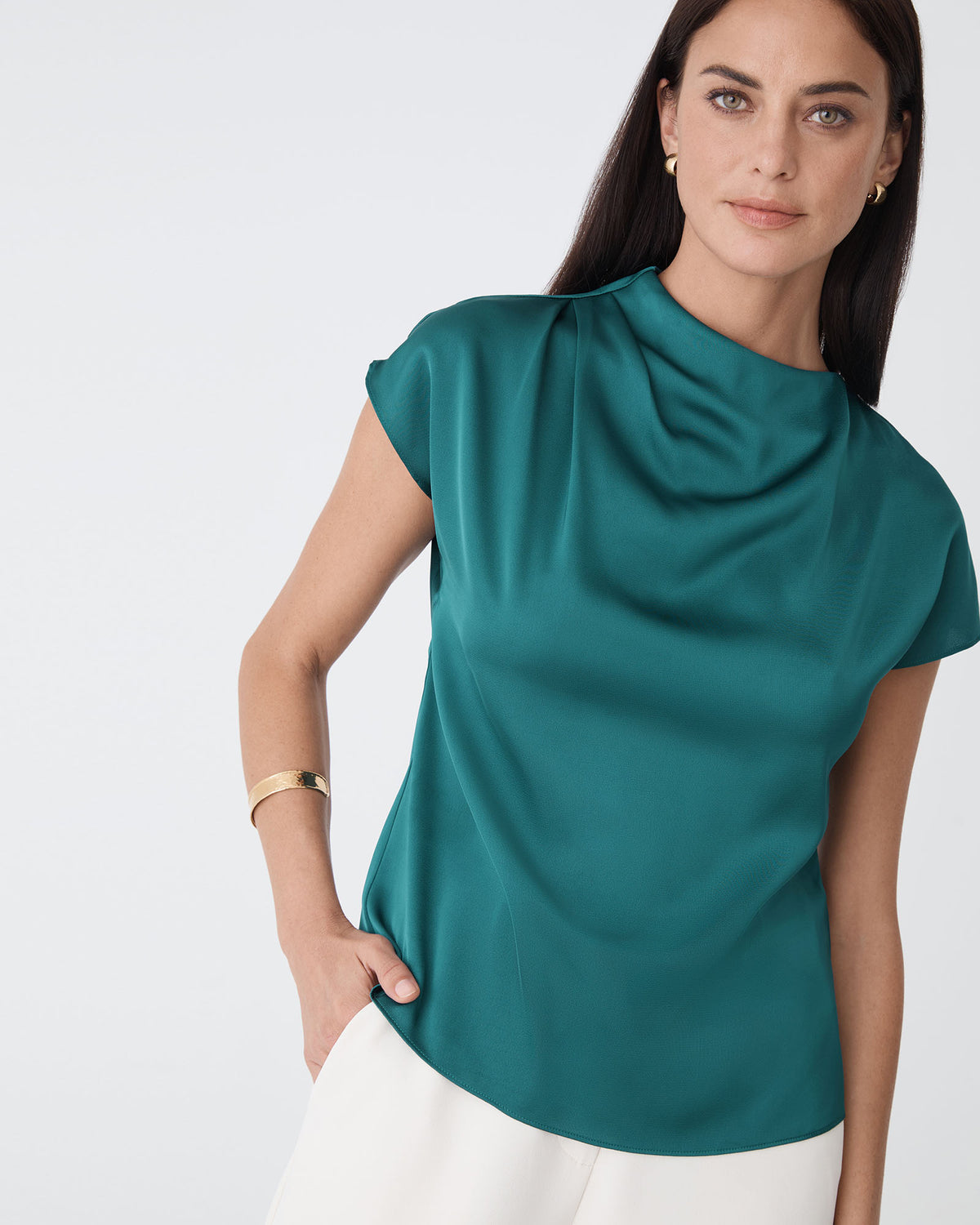 Zafina Pleated Draped Top in teal — close-up view 2